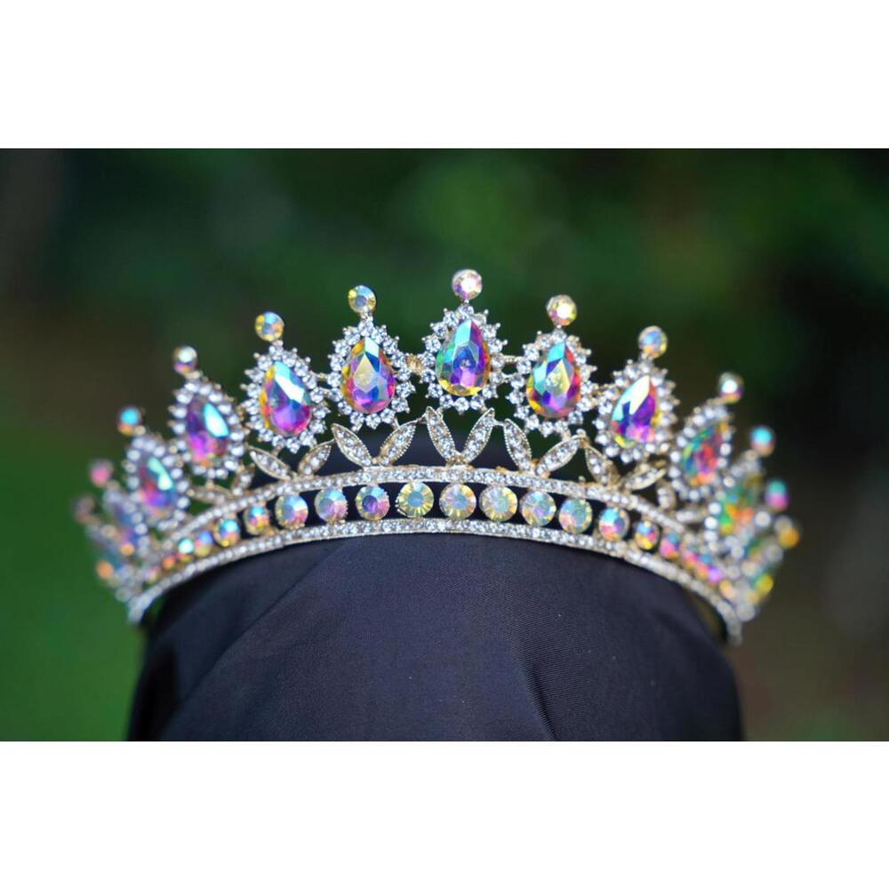 Fanned out Holographic Crystal Tiara Gold Crown Birthday Wedding Gift pink